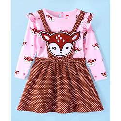 Babyhug Single Jersey Knit Frock & Full Sleeves Frill Detailing Inner Tee Deer Print & Applique- Pink & Brown