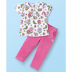 Babyhug Cotton Knit Half Sleeves Peter Pan Collared Floral Printed Top & Corduroy Pants Set - White & Pink