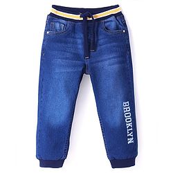 Babyhug Full Length Denim Jogger With Stretch & Text Print - Blue