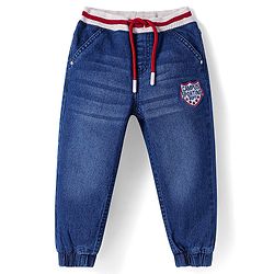 Babyhug Denim Full Length Washed Joggers with Stretch Text Embroidered - Royal Blue