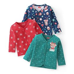 Babyhug 100% Interlock Cotton Knit Full Sleeves Front Open Vests with Polka Dots & Christmas Theme Print Pack of 3 - Navy Blue Red & Green