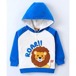 Babyhug Cotton Knit Full Raglan Sleeves Hooded Sweatshirt with Lion Patch Detailing - White & Blue