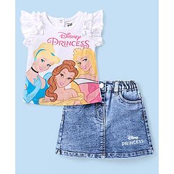 Babyhug Single Jersey Knit Frill Sleeves Top & Denim Skirt Set With Disney Princess Graphics - White & Blue