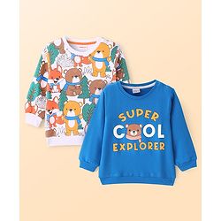 Babyhug Cotton Knit Sweatshirts With Text & Bear Print Pack of 2 - White & Blue