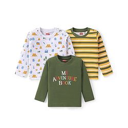 Babyhug Cotton Knit Full Sleeves T-Shirts With Adventure Camping Graphics Pack of 3 - Olive Green