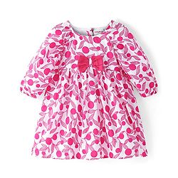 Babyhug Cotton Woven Three Fourth Sleeves Flared Frock Leaf Print & Bow Applique - White