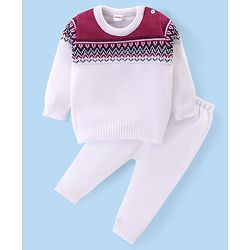 Babyhug Knitted Full Sleeves Pullover Sweater & Pant Set With Aztec Design - White