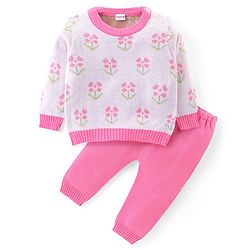 Babyhug Knitted Full Sleeves Pullover Sweater & Pant Set With Floral Design - White & Pink