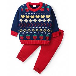 Babyhug Knitted Full Sleeves Sweater Set with Strawberries & Floral Design - Navy Blue & Red
