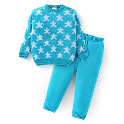 Babyhug Knitted Full Sleeves Star Designed Sweater Set - Light Blue