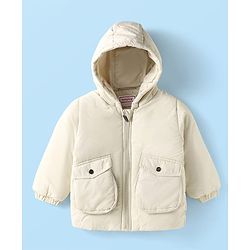 Babyhug Woven Full Sleeves Solid Color Hooded Padded Jacket - Cream