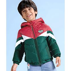 Babyhug Woven Full Sleeves Hooded Padded Jacket With Colour Block Design - Red White & Green