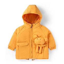 Babyhug Woven Full Sleeves Padded Hooded Jacket With Animal Applique - Orange