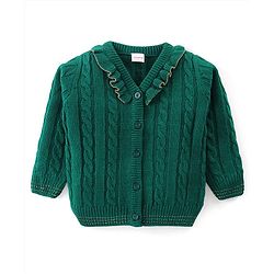 Babyhug Knitted Full Sleeves Cable Knit Designed Front Open Sweater with Frill Detailing - Dark Green