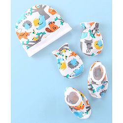 Babyhug 100% Interlock Cotton Knit Cap Mittens & Booties Set with Animal Print - Multicolor