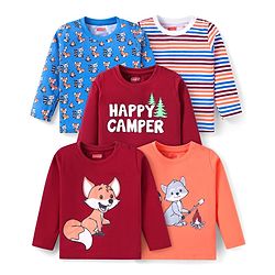 Babyhug Cotton Knit Full Sleeves T-Shirts With Strips & Animal Print Pack of 5 - Dark Red & Blue