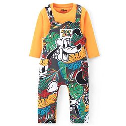 Babyhug Disney Terry Knit Full Sleeves Dungaree Set With Mickey Mouse All Over Print Badge Detailing - Yellow