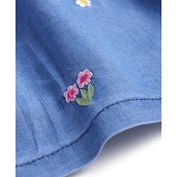 Babyhug Denim Woven Frock With Half Sleeves Inner Tee Floral Embroidery & Bow Applique - Blue
