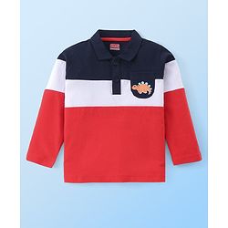Babyhug Cotton Knit Full Sleeves Polo T-Shirt with Dino Print - Red Blue & White