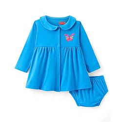 Babyhug Cotton Full Sleeves Peter Pan Collar Neck Frock with Bloomer Butterfly Print - Blue