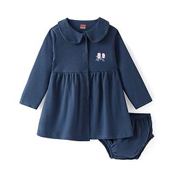 Babyhug Cotton Full Sleeves Peter Pan Collar Neck Frock with Bloomer & Bird Print - Navy Blue