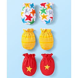 Babyhug Interlock Knit Mittens With Star Print Pack of 3 - White Yellow & Red