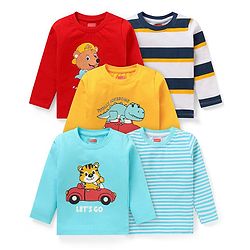 Babyhug Cotton Knit Full Sleeves Striped & Animal Printed T-Shirts Pack of 5 - Red Blue & Yellow