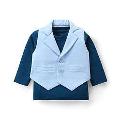 Babyhug Woven Full Sleeves Solid T-Shirt & Trouser Set with Waistcoat -Blue