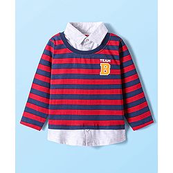 Babyhug Cotton Knit Full Sleeves Striped Polo T-Shirt With Text Print & Overlapped Design - Red