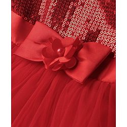 Babyhug Woven Frill Sleeves Fit & Flared Layered Mesh Party Frock with Sequined Yoke Detailing & Bow Applique - Red