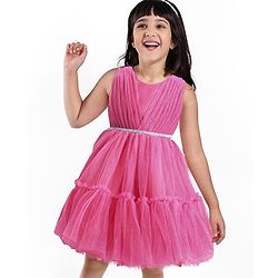 Babyhug Woven Sleeveless Party Dress With Glitter Print - Dark Pink