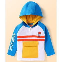 Babyhug Cotton Knit Raglan Sleeves Hooded T-Shirt With Front Pocket & Text Print - White Yellow Blue