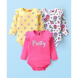 Babyhug 100% Cotton Full Sleeves Onesies with Frill Detailing Floral & Text Print Pack of 3 - Multicolour