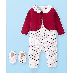 Babyhug Interlock Knit Full Sleeves Peter Pan Collor Romper With Booties Heart Print - Red