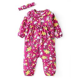 Babyhug 100 % Cotton Full Sleeves Romper with Bow Applique & Headband Floral Print - Red