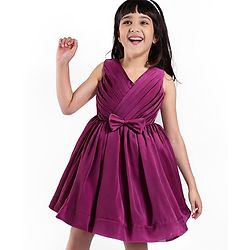 Babyhug Premium Glass Nylon Fabric Sleeveless Party Dress With Bow Applique & Yoke Pleating - Wine