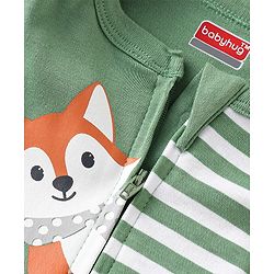 Babyhug Interlock Knit Full Sleeves Striped Romper with Cap Wild Animal Print - Green