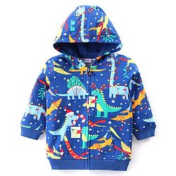 Babyhug Cotton Knit Full Sleeves Hooded Sweatjacket with Dino Print - Blue