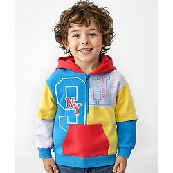 Babyhug Cotton Knit Full Doctor Sleeves Hooded Sweatshirt with Cut & Sew Design & Text Print - Multicolour