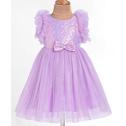 Babyhug Woven Sleeveless Sequined Fit & Flared Party Frock with Bow Applique & Frill Detailing - Lavender