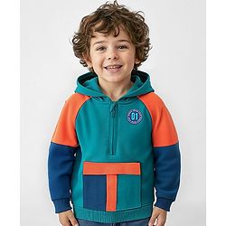 Babyhug Cotton Knit Full Raglan Sleeves Hooded Sweatjacket with Zipper & Graphics - Teal Blue