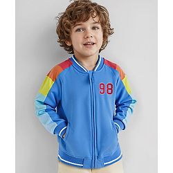 Babyhug Cotton Knit Full Raglan Sleeves Front Open Bomber Jacket with Colour Block Design on Sleeves - Blue