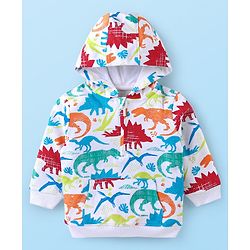 Babyhug Cotton Knit Full Sleeves Hooded Sweatshirt with Dino Print & Kangaroo Pockets - White