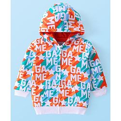 Babyhug Cotton Knit Full Sleeves Hooded Front Open Sweatjacket with Text Print & Kangaroo Pockets - White