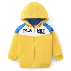 Babyhug Cotton Fleece Knit Full Raglan Sleeves Front Open Hooded Sweatjacket with Cut & Sew Design & Text Embroidery - Yellow