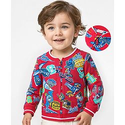 Babyhug Cotton Knit Full Sleeves Front Open Bomber Jacket With Text Prints - Red