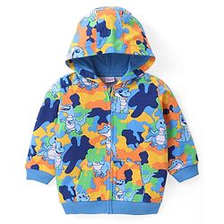 Babyhug Cotton Knit Full Sleeves Hooded Front Open Sweatjacket with Dino Print - Blue