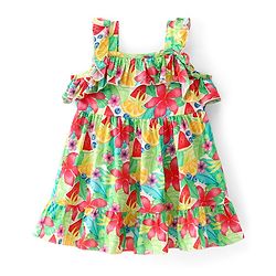 Babyhug Cotton Woven Sleeveless Frock with Floral Print & Frill Detailing - Multicolor