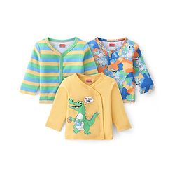 Babyhug 100% Cotton Knit Full Sleeves Striped & Crocodile Printed Front Open Vests Pack of 3 - Yellow & Green