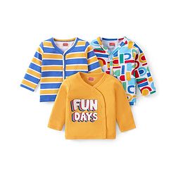 Babyhug Interlock Knit Full Sleeves Front Open Vests With Stripes & Text Print Pack of 3 - Blue & Yellow